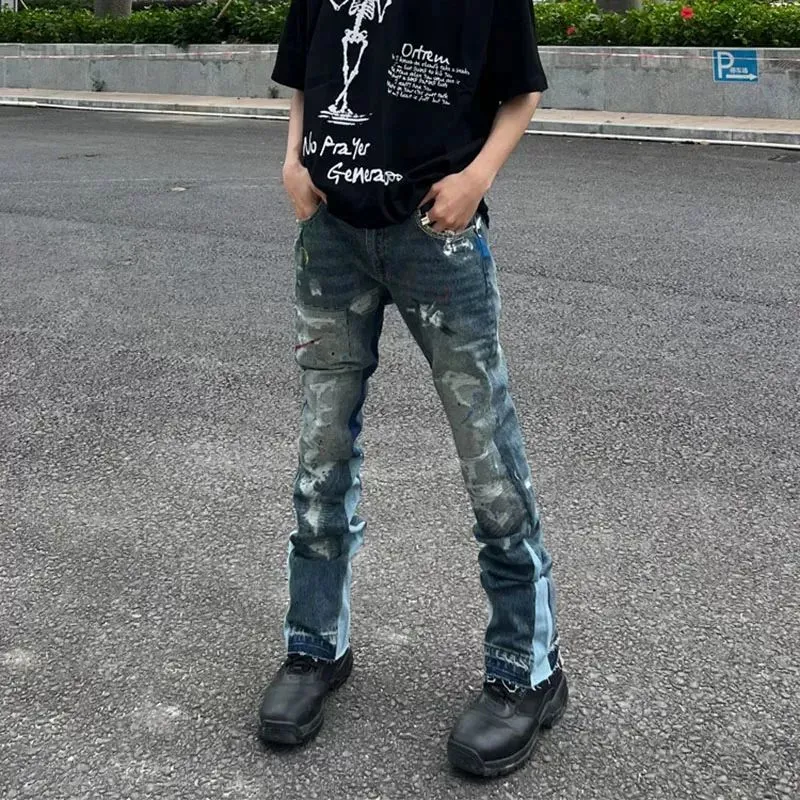 - Size upper body P300💰GA02 Top heavy industry GALLERY DEPT. Spliced ​​ink splash paint hand-stitched holes washed retro jeans men and women high street splash ink pants micro-flared casual trousers trendy couple same style Size: 28 30 32 34 36 (corresponding to S M L XL XXL)